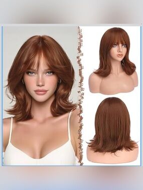 NWT FESHFEN Shoulder Length Bob Wigs with Bangs for Women - Auburn Natural Layer
